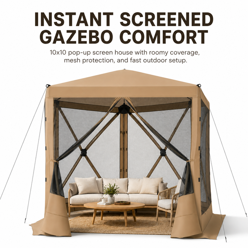 Brown 6-sided pop-up screen tent gazebo with mesh walls and open doorway, front view