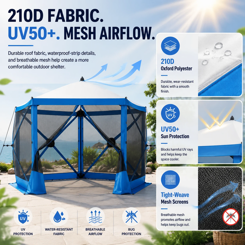 Khaki 6-sided pop-up screen tent gazebo with mesh walls and open doorway, front view