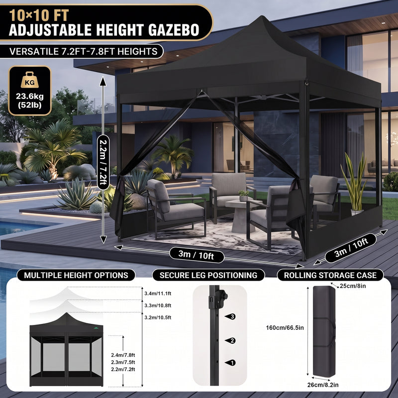 Dimension and materials diagram for the 6-sided 10x10 screen gazebo