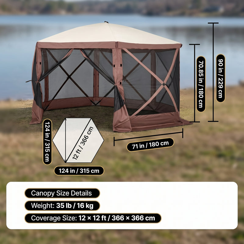 Dimension and materials diagram for the 6-sided 10x10 screen gazebo