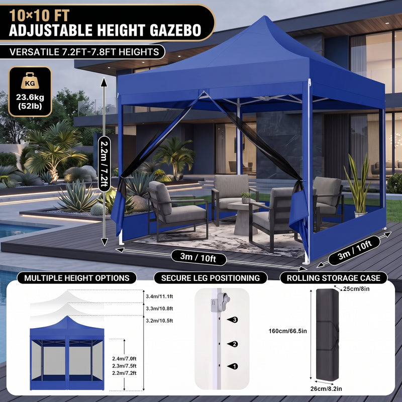 Dimension and materials diagram for the 6-sided 10x10 screen gazebo
