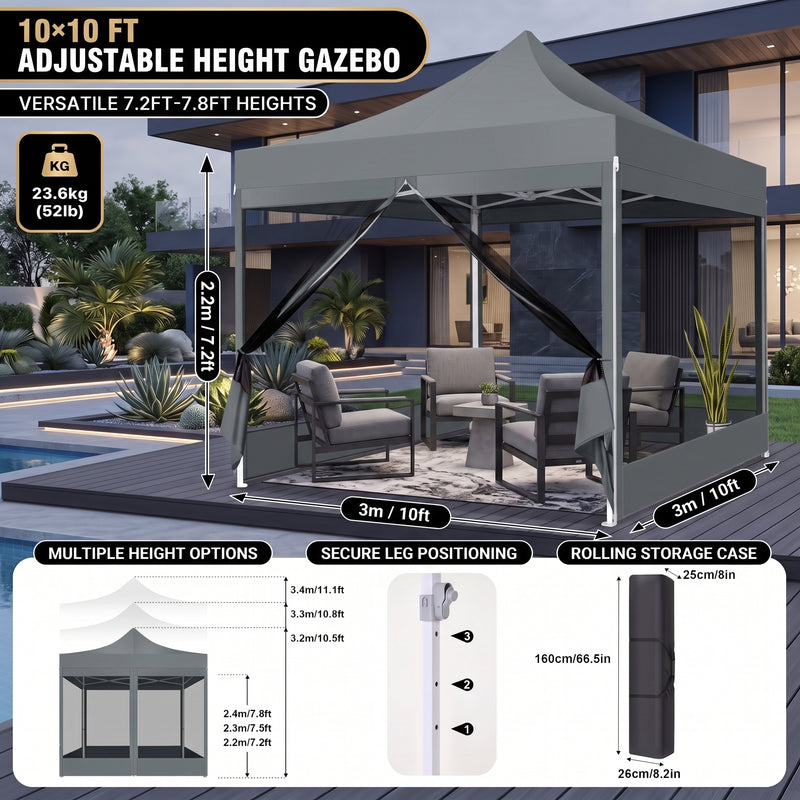 Dimension and materials diagram for the 6-sided 10x10 screen gazebo