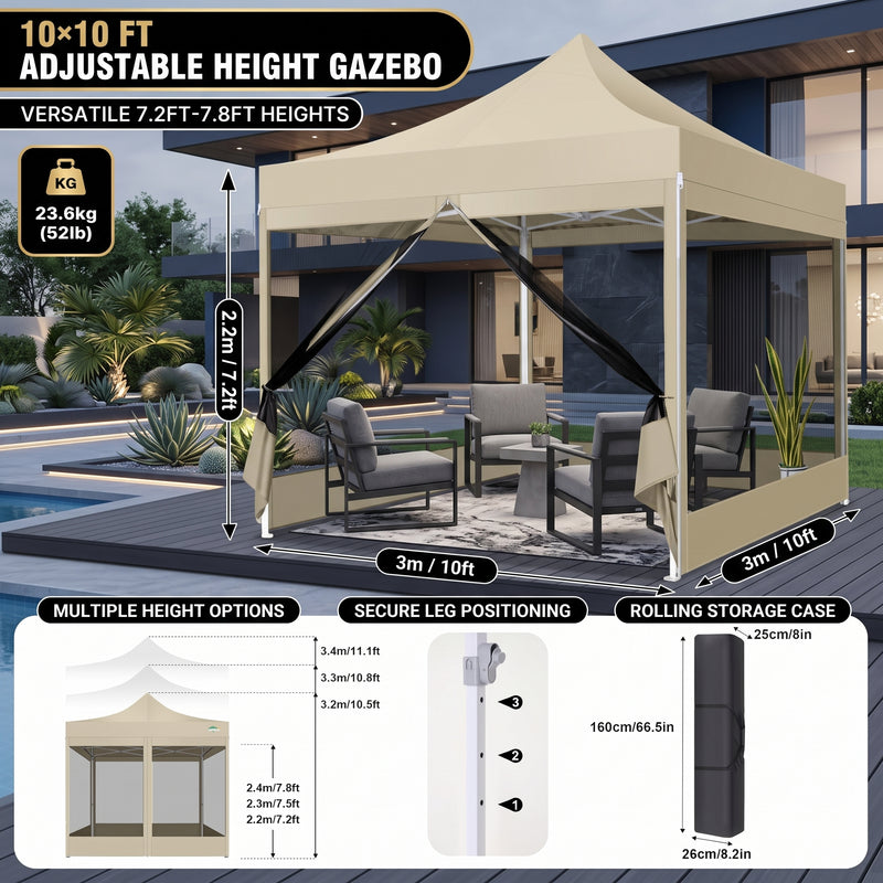 Dimension and materials diagram for the 6-sided 10x10 screen gazebo