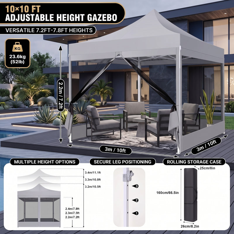 Dimension and materials diagram for the 6-sided 10x10 screen gazebo