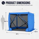 Diagram of the 10x10 ft screen tent showing 7.2 ft height and up to 8-person capacity