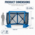 Diagram of the 10x10 ft screen tent showing 7.2 ft height and up to 8-person capacity