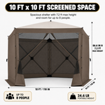Diagram of the 10x10 ft screen tent showing 7.2 ft height and up to 8-person capacity