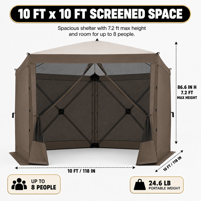 Diagram of the 10x10 ft screen tent showing 7.2 ft height and up to 8-person capacity