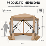 Diagram of the 10x10 ft screen tent showing 7.2 ft height and up to 8-person capacity