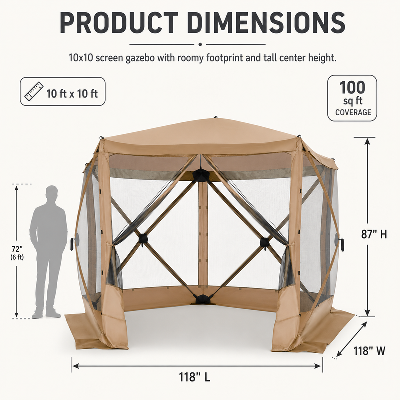 Diagram of the 10x10 ft screen tent showing 7.2 ft height and up to 8-person capacity