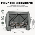 Diagram of the 10x10 ft screen tent showing 7.2 ft height and up to 8-person capacity