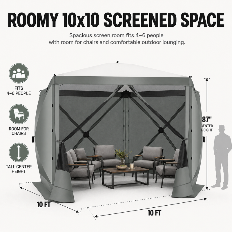 Diagram of the 10x10 ft screen tent showing 7.2 ft height and up to 8-person capacity