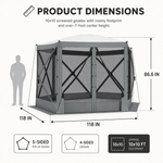 Diagram of the 10x10 ft screen tent showing 7.2 ft height and up to 8-person capacity