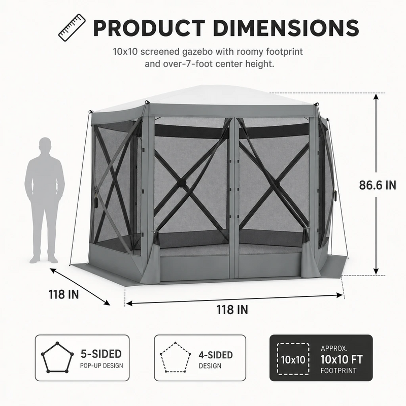 Diagram of the 10x10 ft screen tent showing 7.2 ft height and up to 8-person capacity