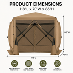 Diagram of the 10x10 ft screen tent showing 7.2 ft height and up to 8-person capacity
