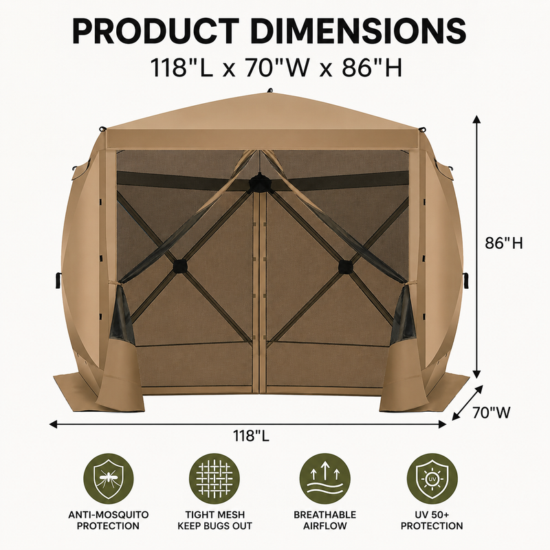 Diagram of the 10x10 ft screen tent showing 7.2 ft height and up to 8-person capacity