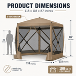 Diagram of the 10x10 ft screen tent showing 7.2 ft height and up to 8-person capacity