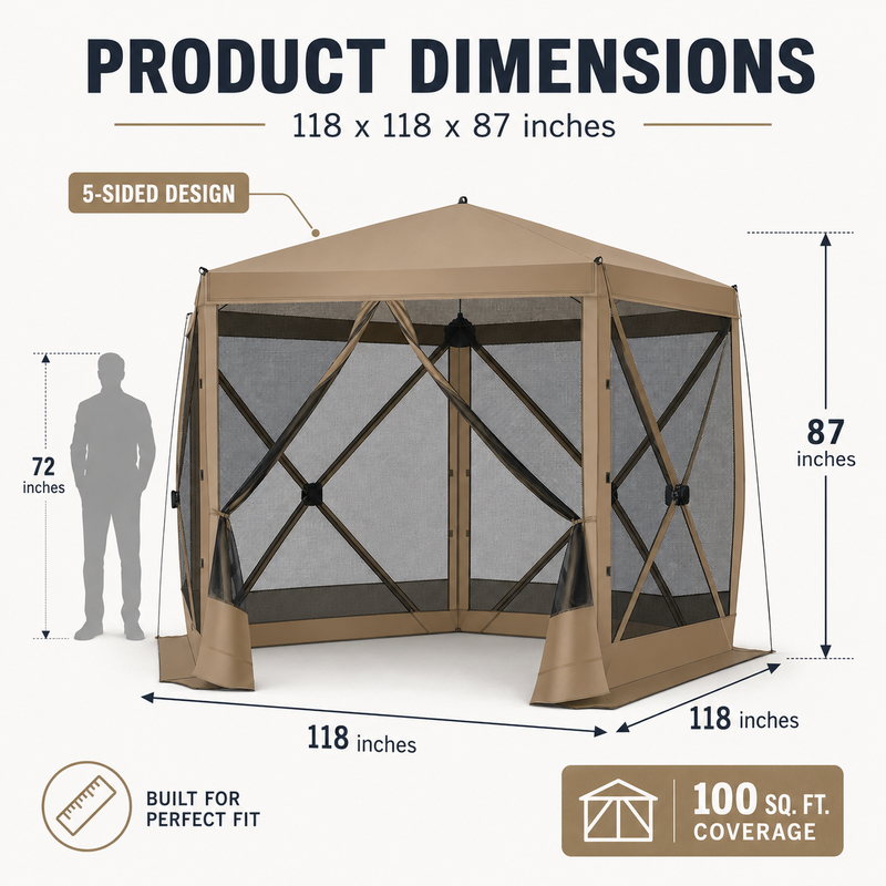 Diagram of the 10x10 ft screen tent showing 7.2 ft height and up to 8-person capacity