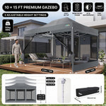 Khaki 10x15 gazebo screen tent on a patio with furniture, showing adjustable height settings and the included carry bag