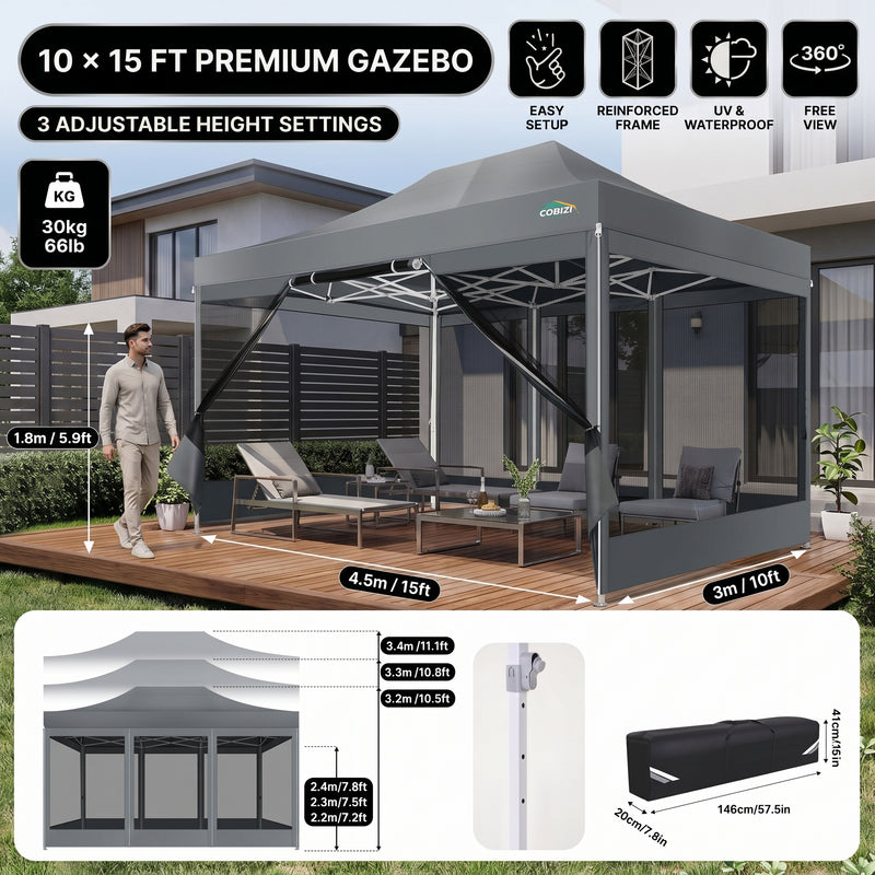 Khaki 10x15 gazebo screen tent on a patio with furniture, showing adjustable height settings and the included carry bag