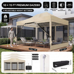 Khaki 10x15 gazebo screen tent on a patio with furniture, showing adjustable height settings and the included carry bag