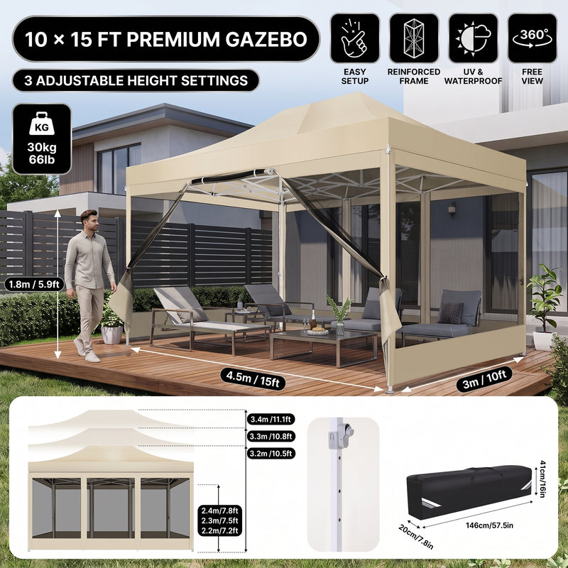 Khaki 10x15 gazebo screen tent on a patio with furniture, showing adjustable height settings and the included carry bag