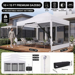 Khaki 10x15 gazebo screen tent on a patio with furniture, showing adjustable height settings and the included carry bag