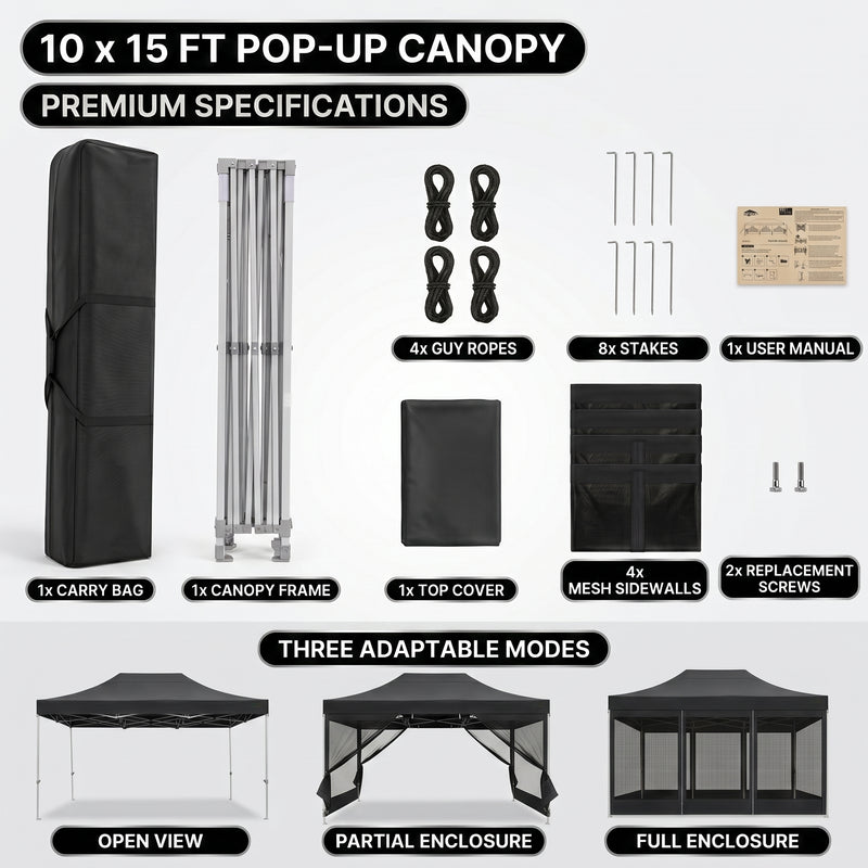 Included parts - carry bag, frame, top cover, four mesh sidewalls, stakes, ropes and manual - with open, partial and full enclosure modes