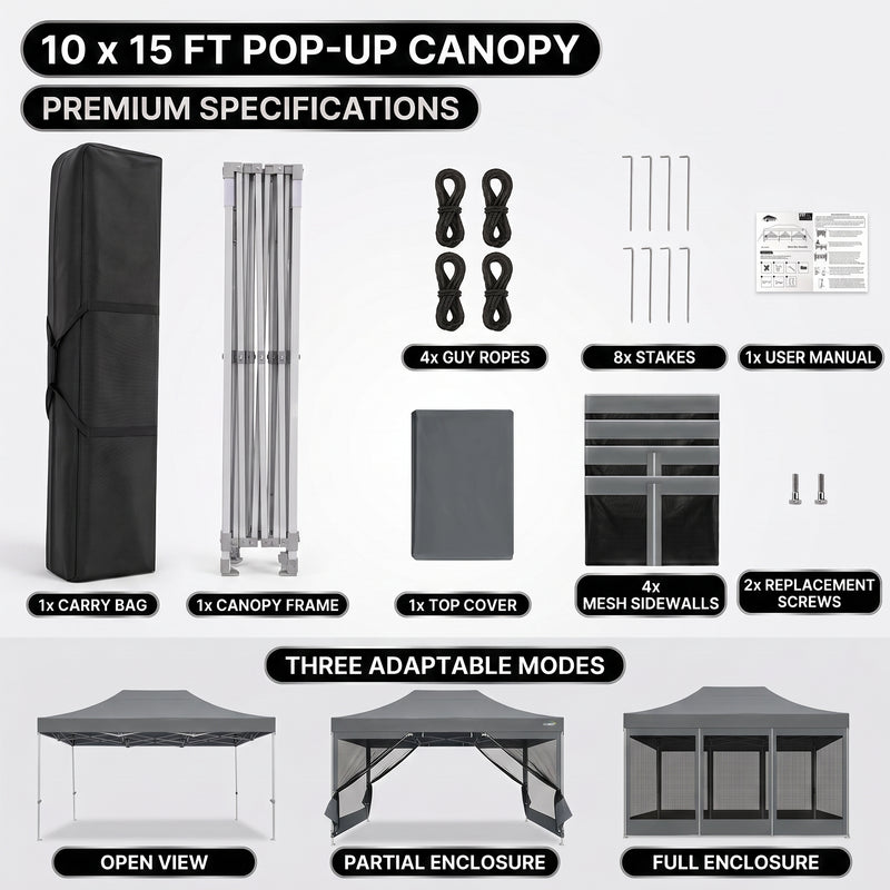 Included parts - carry bag, frame, top cover, four mesh sidewalls, stakes, ropes and manual - with open, partial and full enclosure modes