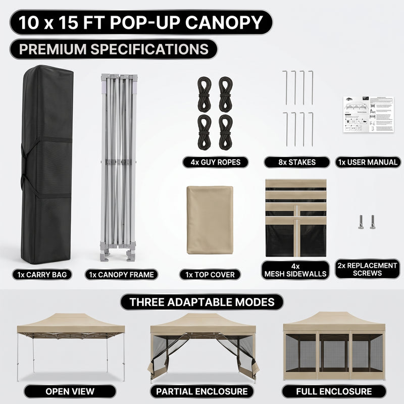 Included parts - carry bag, frame, top cover, four mesh sidewalls, stakes, ropes and manual - with open, partial and full enclosure modes