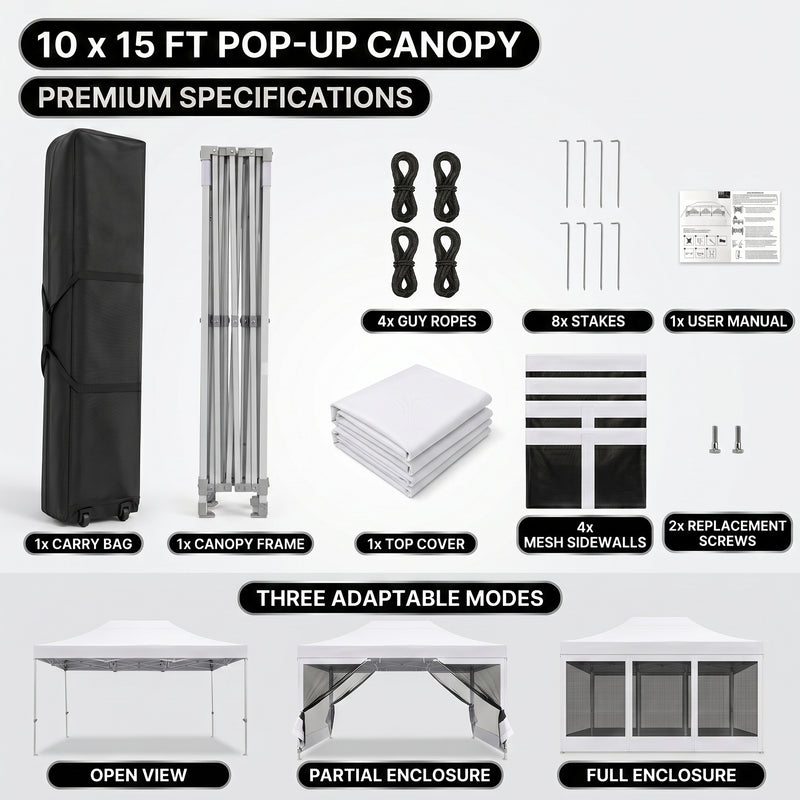 Included parts - carry bag, frame, top cover, four mesh sidewalls, stakes, ropes and manual - with open, partial and full enclosure modes