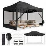 Khaki 10x15 pop-up gazebo screen tent with mesh sidewalls, shown with carry bag, frame parts and a size diagram
