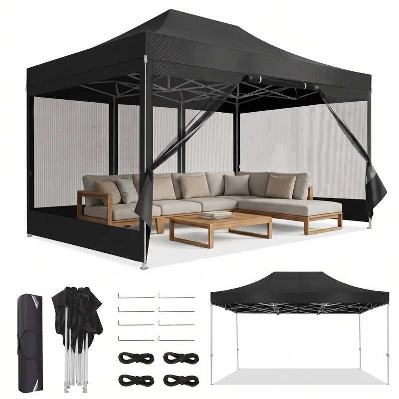 Khaki 10x15 pop-up gazebo screen tent with mesh sidewalls, shown with carry bag, frame parts and a size diagram