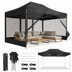 Khaki 10x15 pop-up gazebo screen tent with mesh sidewalls, shown with carry bag, frame parts and a size diagram
