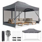 Khaki 10x15 pop-up gazebo screen tent with mesh sidewalls, shown with carry bag, frame parts and a size diagram