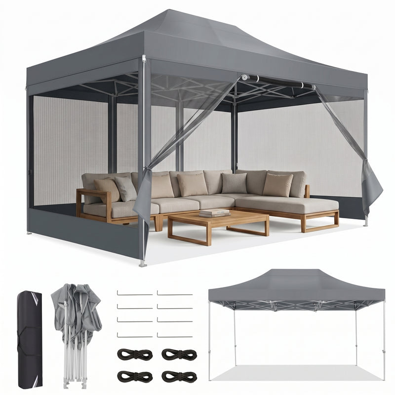 Khaki 10x15 pop-up gazebo screen tent with mesh sidewalls, shown with carry bag, frame parts and a size diagram