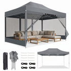 Khaki 10x15 pop-up gazebo screen tent with mesh sidewalls, shown with carry bag, frame parts and a size diagram