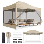 Khaki 10x15 pop-up gazebo screen tent with mesh sidewalls, shown with carry bag, frame parts and a size diagram