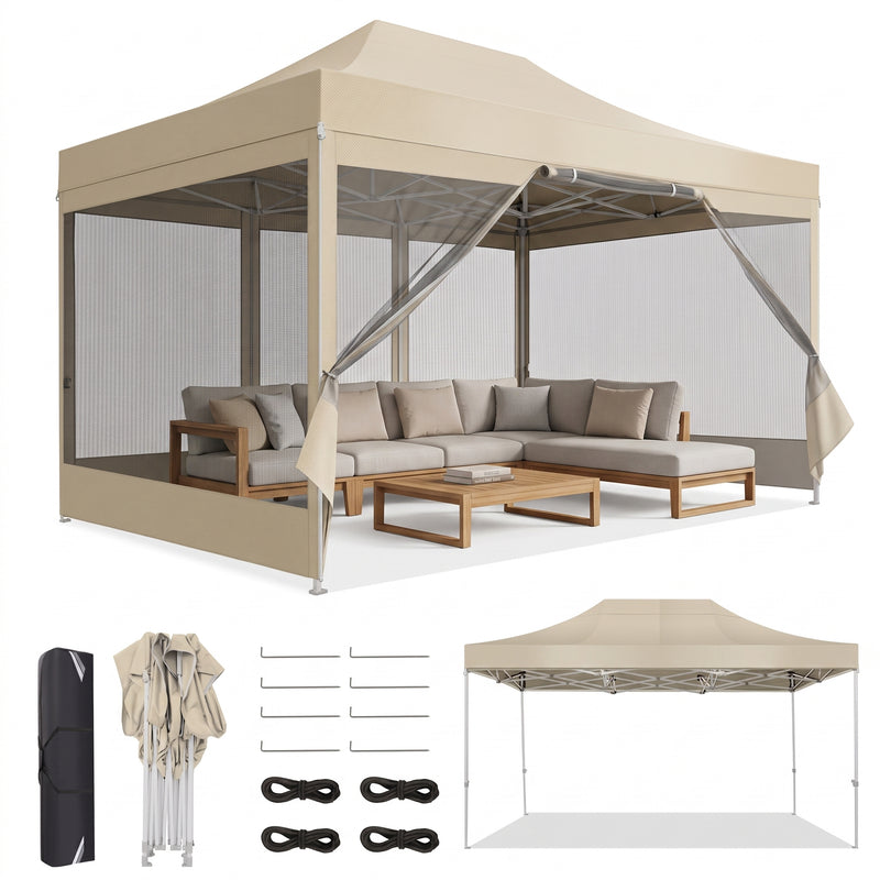 Khaki 10x15 pop-up gazebo screen tent with mesh sidewalls, shown with carry bag, frame parts and a size diagram