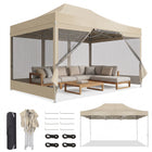 Khaki 10x15 pop-up gazebo screen tent with mesh sidewalls, shown with carry bag, frame parts and a size diagram