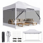 Khaki 10x15 pop-up gazebo screen tent with mesh sidewalls, shown with carry bag, frame parts and a size diagram