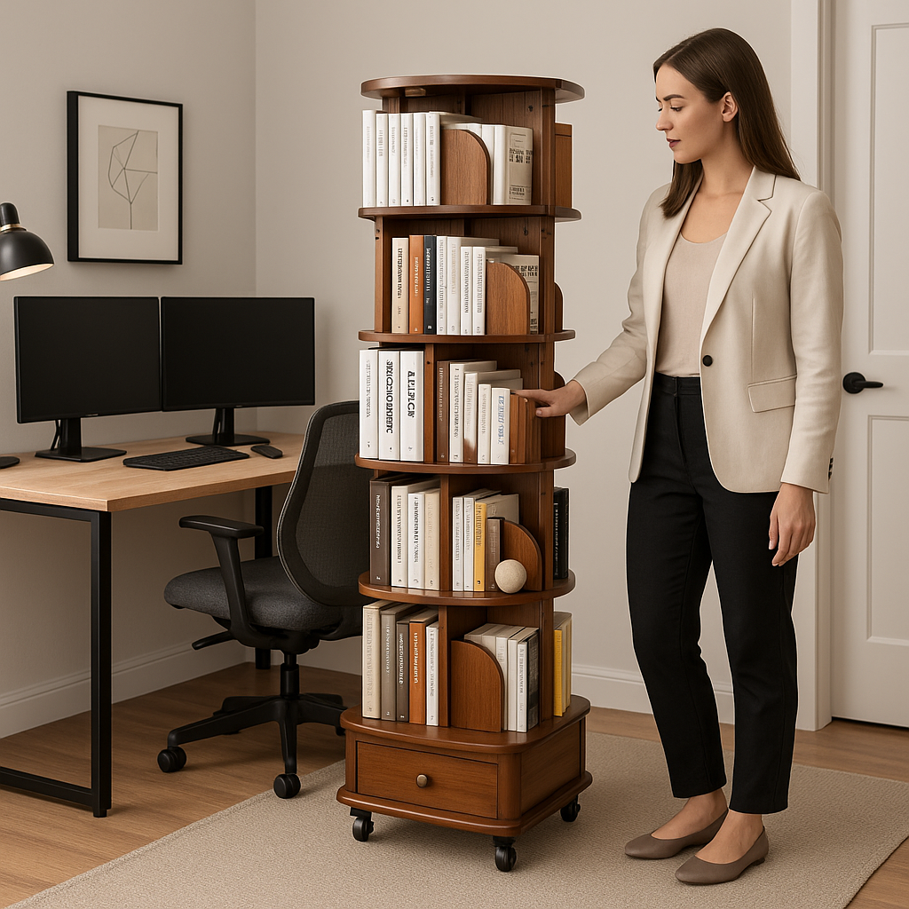 360° Rotating Bookshelf – 6-Tier Corner Bookcase with Wheels, Space-Saving Vertical Storage Rack | Trufairs
