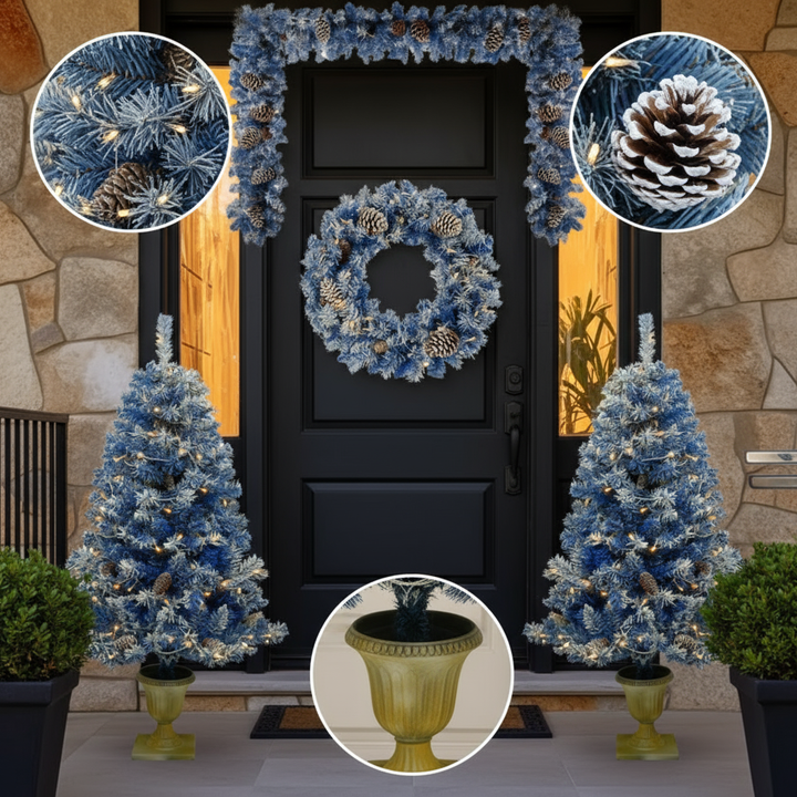 Pre-lit Xmas Tree Artificial Christmas 4-Piece Set,Garland, Wreath and Set of 2 Entrance Trees X-mas with LED Lights, Christmas Tree
