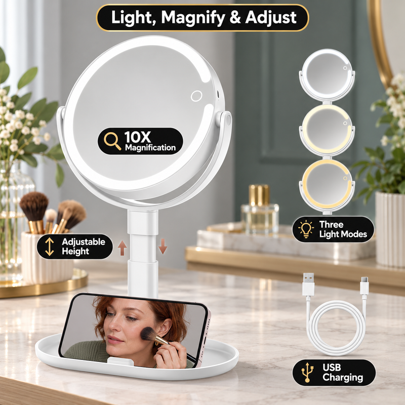 LED Makeup Mirror with Adjustable Brightness – Dual-Sided, Rechargeable - 11