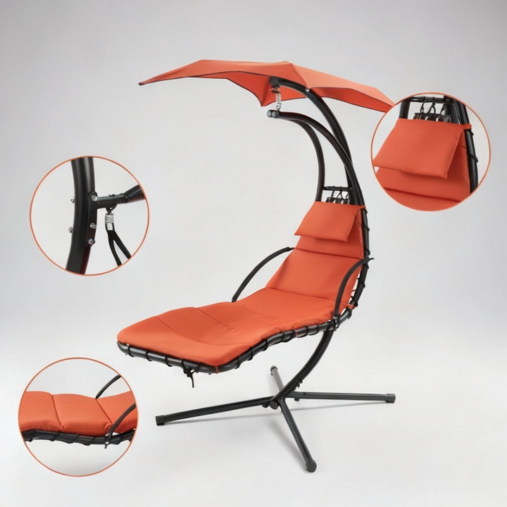 Outdoor Hanging Chaise Swing Orange - Lounger Chair with UV Canopy, Cushion & Stand for Garden Porch Comfort