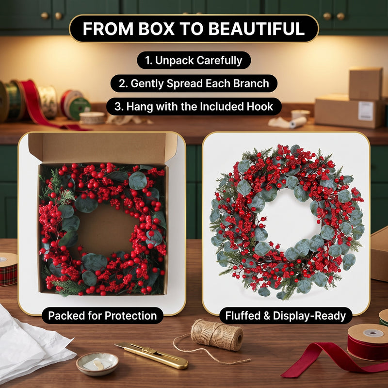 CHRISTMAS BERRY WREATH FOR FRONT DOOR – WINTER PINE HOLIDAY DÉCOR - 11