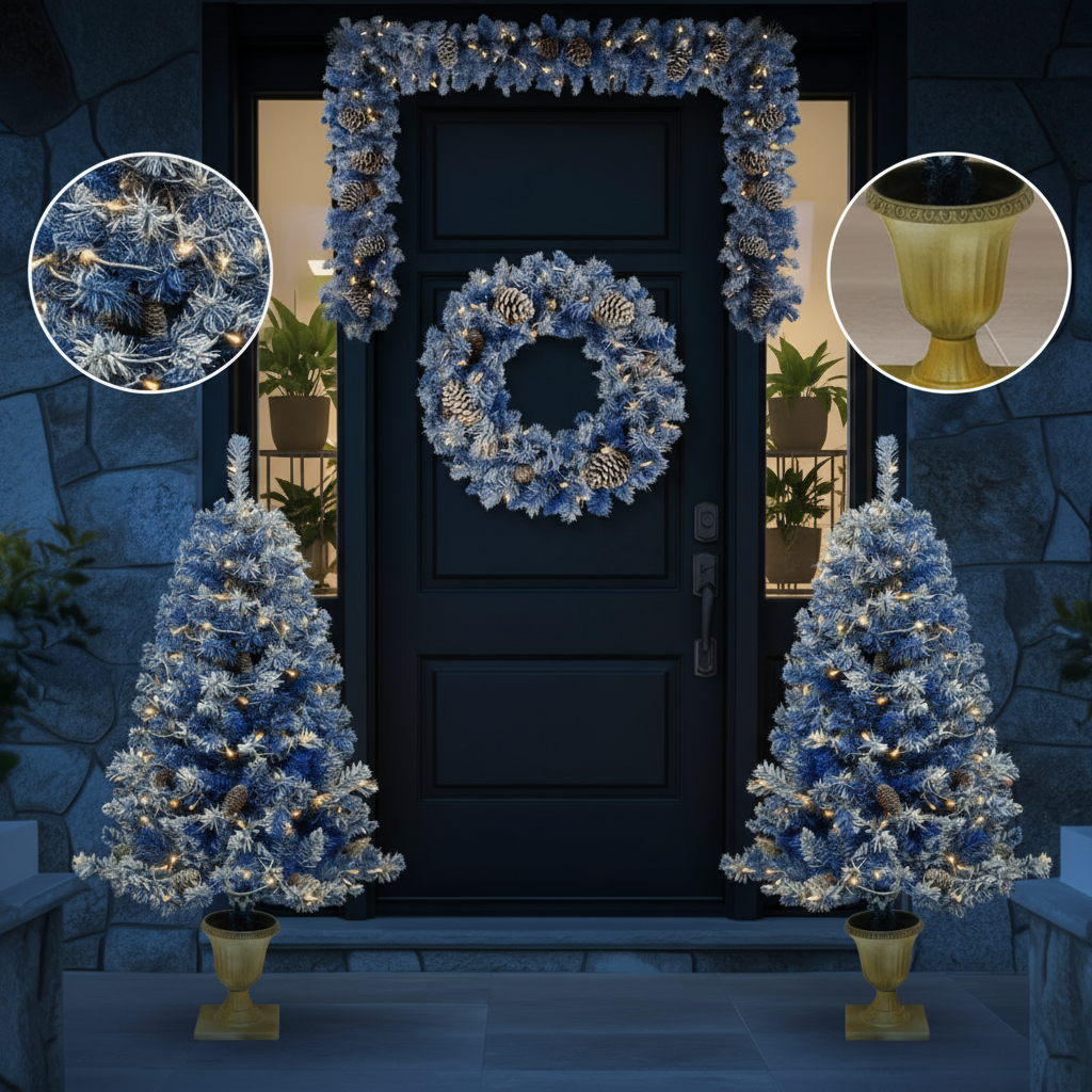 Pre-lit Xmas Tree Artificial Christmas 4-Piece Set,Garland, Wreath and Set of 2 Entrance Trees X-mas with LED Lights, Christmas Tree