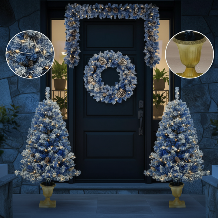 Pre-lit Xmas Tree Artificial Christmas 4-Piece Set,Garland, Wreath and Set of 2 Entrance Trees X-mas with LED Lights, Christmas Tree