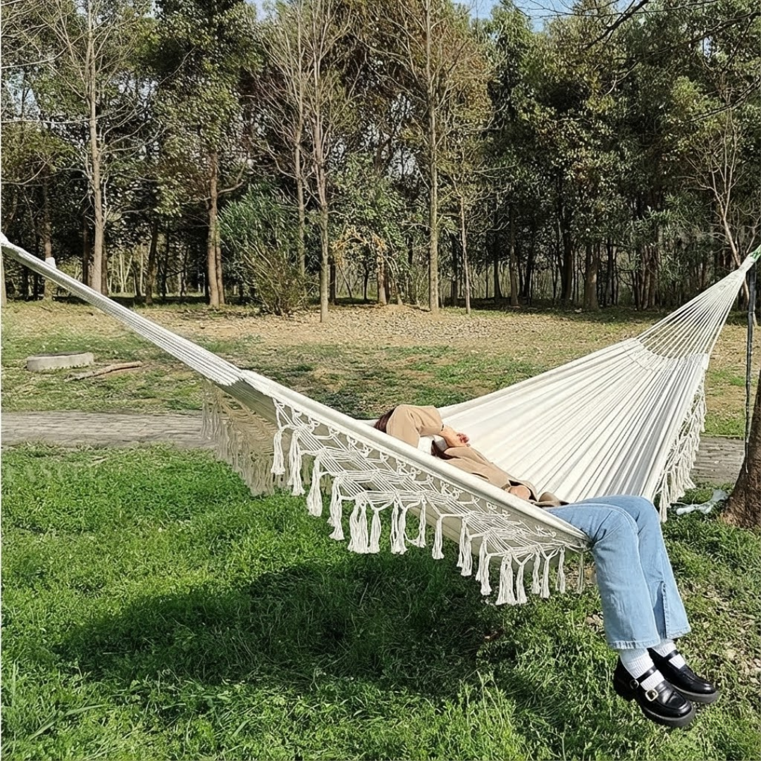2-Person Boho Macramé Fringe Double Deluxe Hammock Swing | Trufairs