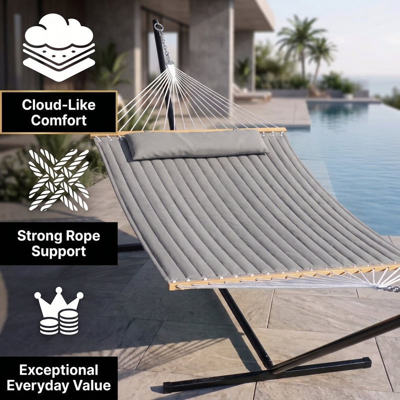 2-Person Quilted Outdoor Hammock 12FT – Double Layer with Pillow & Storage - 12